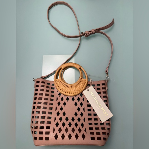 Madison West Handbags - NWT Madison West Blush Laser-Cut Tote Bag with Rattan Handles